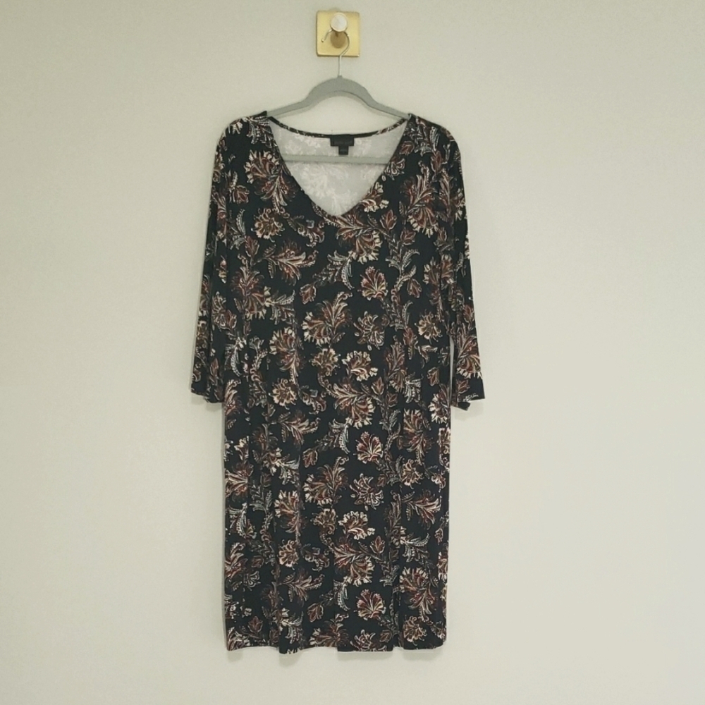 J. Jill Wearever Sheath Dress Large Black Print Knit V-Neck Pleats Casual Office